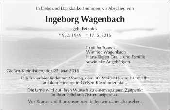 Traueranzeige von Ingeborg Wagenbach von  Gießener Anzeiger