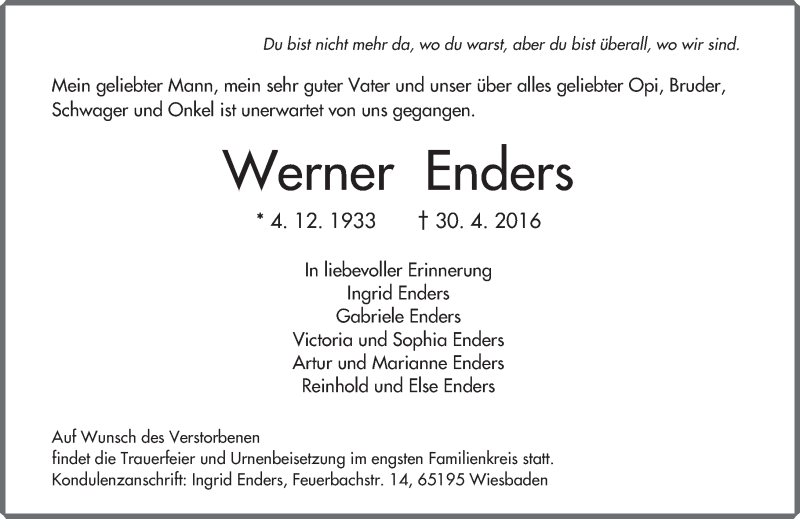  Traueranzeige für Werner Enders vom 07.05.2016 aus  Wiesbaden komplett