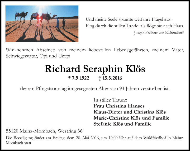  Traueranzeige für Richard Seraphin Klös vom 19.05.2016 aus  Allgemeine Zeitung Mainz