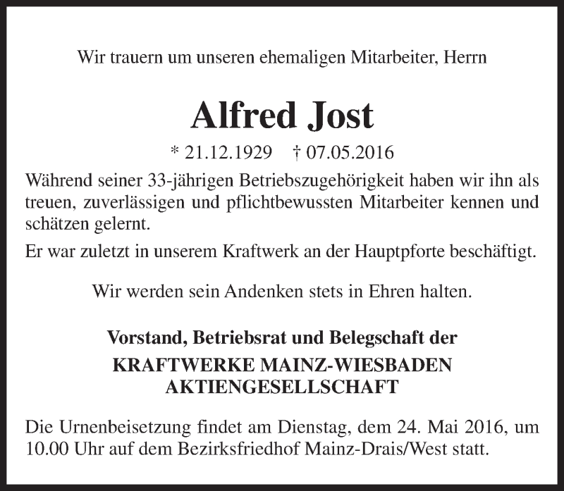  Traueranzeige für Alfred Jost vom 21.05.2016 aus  Mainspitze