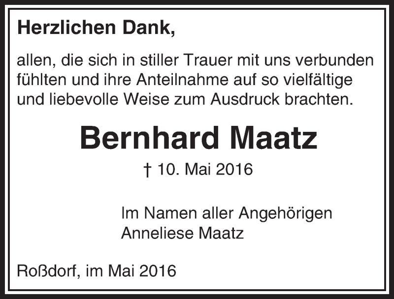  Traueranzeige für Bernhard Maatz vom 28.05.2016 aus Trauerportal Echo Online