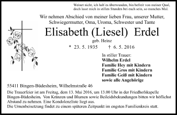 Traueranzeige von Elisabeth Liesel Erdel von  Allgemeine  Zeitung Ingelheim-Bingen