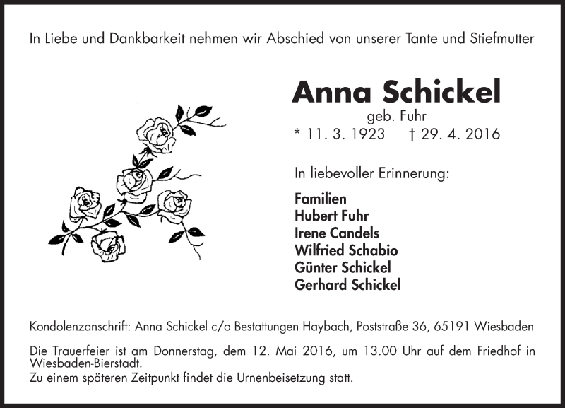  Traueranzeige für Anna Schickel vom 07.05.2016 aus  Wiesbaden komplett