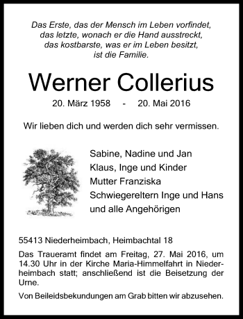 Traueranzeige von Werner Collerius von  Allgemeine  Zeitung Ingelheim-Bingen
