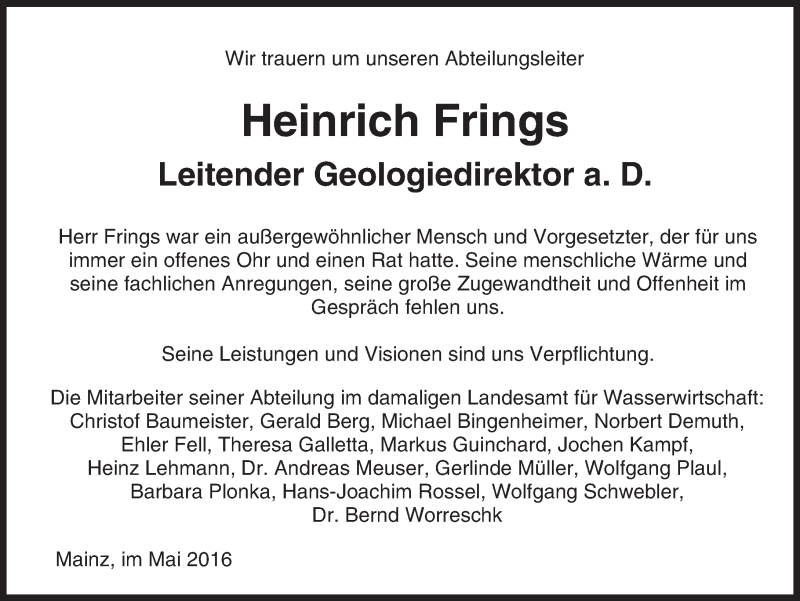  Traueranzeige für Heinrich Frings vom 14.05.2016 aus  Allgemeine Zeitung Mainz
