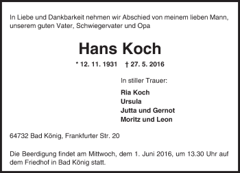 Traueranzeige von Hans Koch von Trauerportal Echo Online