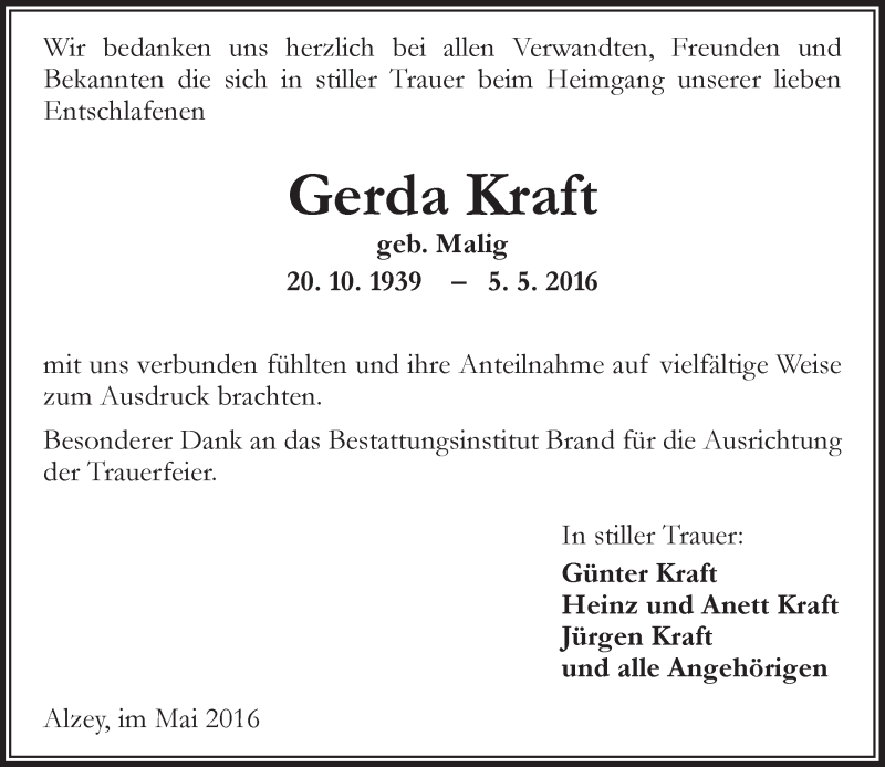  Traueranzeige für Gerda Kraft vom 25.05.2016 aus  Allgemeine Zeitung Alzey