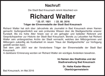 Traueranzeige von Richard Walter von  Allg. Zeitung Bad Kreuznach