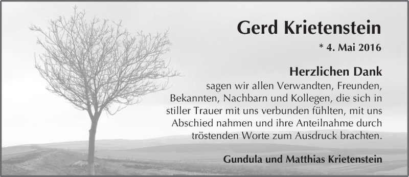  Traueranzeige für Gerd Krietenstein vom 28.05.2016 aus  Wiesbaden komplett