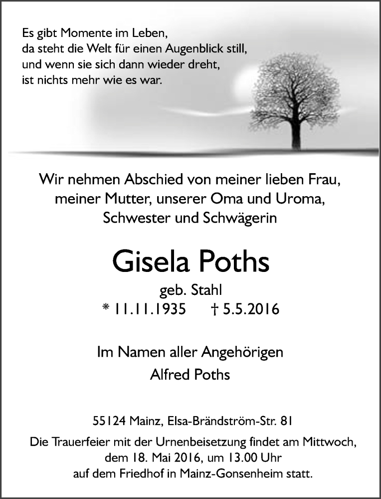  Traueranzeige für Gisela Poths vom 14.05.2016 aus  Wiesbaden komplett