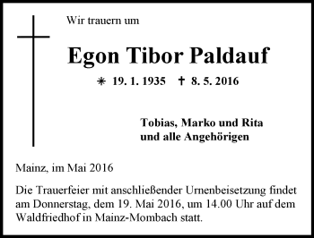 Traueranzeige von Egon Tibor Paldauf von  Allgemeine Zeitung Mainz
