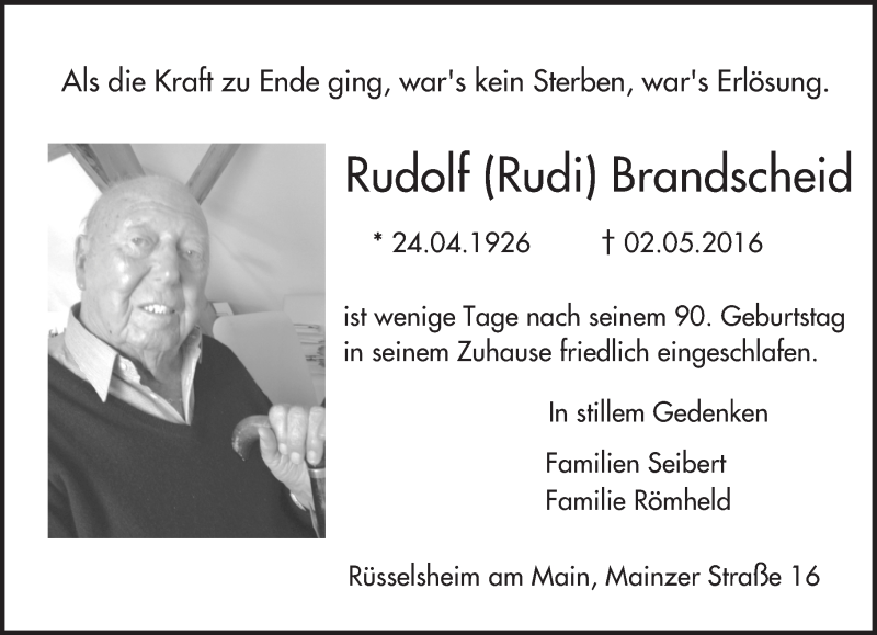  Traueranzeige für Rudolf Brandscheid vom 07.05.2016 aus  Mainspitze