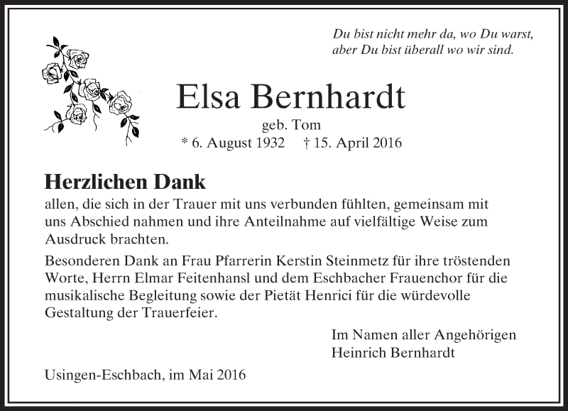  Traueranzeige für Elsa Bernhardt vom 07.05.2016 aus  Usinger Anzeiger