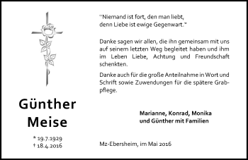 Traueranzeige von Günther Meise von  Allgemeine Zeitung Mainz