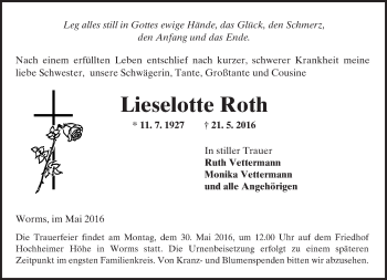 Traueranzeige von Lieselotte Roth von  Wormser Zeitung
