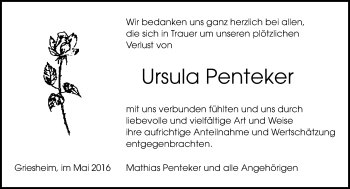 Traueranzeige von Ursula Penteker von Trauerportal Echo Online