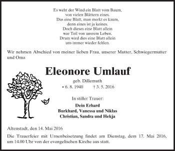 Traueranzeige von Eleonore Umlauf von  Kreisanzeiger