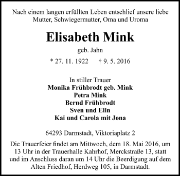 Traueranzeige von Elisabeth Mink von Trauerportal Echo Online