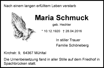 Traueranzeige von Maria Schmuck von Trauerportal Echo Online