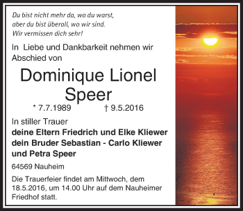 Traueranzeige von Dominique Lionel Speer von Trauerportal Echo Online