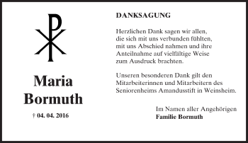 Traueranzeige von Maria Bormuth von  Wormser Zeitung