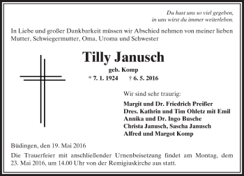 Traueranzeige von Tilly Janusch von  Kreisanzeiger