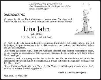 Traueranzeige von Lina Jahn von  Mainspitze