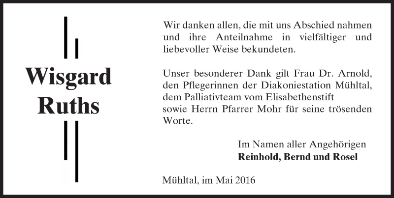  Traueranzeige für Wisgard Ruths vom 21.05.2016 aus Trauerportal Echo Online
