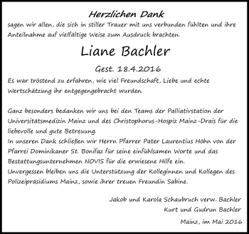 Traueranzeige von Liane Bachler von  Allgemeine Zeitung Mainz