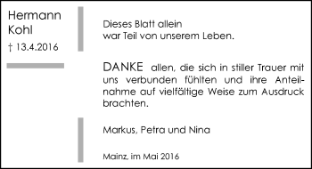 Traueranzeige von Hermann Kohl von  Allgemeine Zeitung Mainz
