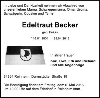 Traueranzeige von Edeltraut Becker von Trauerportal Echo Online