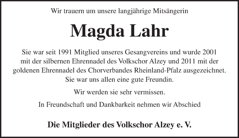  Traueranzeige für Magda Lahr vom 25.05.2016 aus  Allgemeine Zeitung Alzey