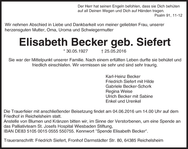  Traueranzeige für Elisabeth Becker vom 28.05.2016 aus Trauerportal Echo Online