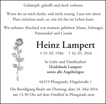 Traueranzeige von Heinz Lampert von Trauerportal Echo Online