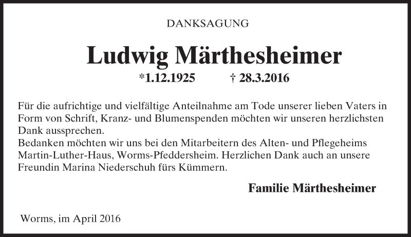  Traueranzeige für Ludwig Märthesheimer vom 07.05.2016 aus  Wormser Zeitung