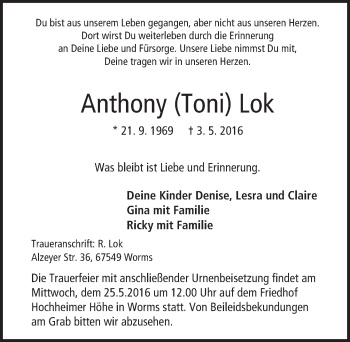 Traueranzeige von Anthony Lok von  Wormser Zeitung