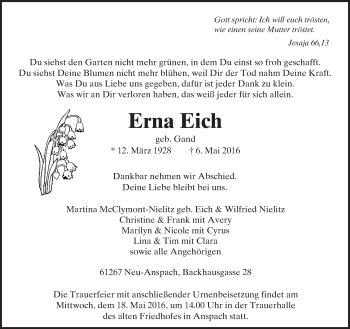 Traueranzeige von Erna Eich von  Usinger Anzeiger