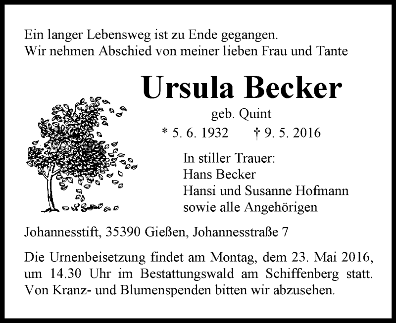  Traueranzeige für Ursula Becker vom 18.05.2016 aus  Gießener Anzeiger