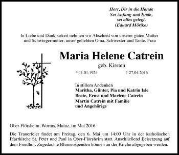 Traueranzeige von Maria Helene Catrein von  Allgemeine Zeitung Alzey