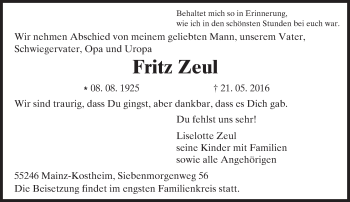 Traueranzeige von Fritz Zeul von  Allgemeine Zeitung Mainz