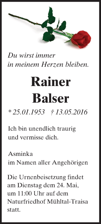 Traueranzeige von Rainer Balser von Trauerportal Echo Online