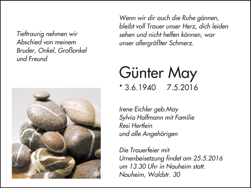  Traueranzeige für Günter May vom 23.05.2016 aus  Allgemeine Zeitung Mainz