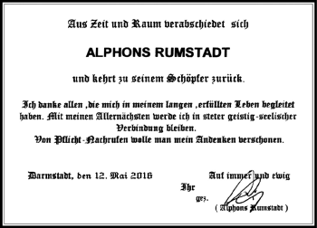 Traueranzeige von Alphons Rumstadt von Trauerportal Echo Online