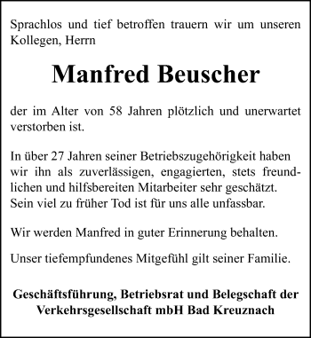 Traueranzeige von Manfred Beuscher von  Allg. Zeitung Bad Kreuznach