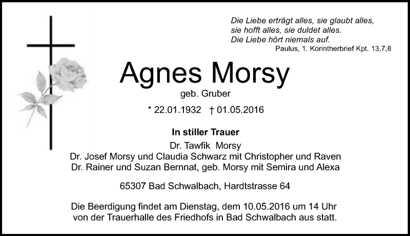  Traueranzeige für Agnes Morsy vom 09.05.2016 aus  Wiesbaden komplett