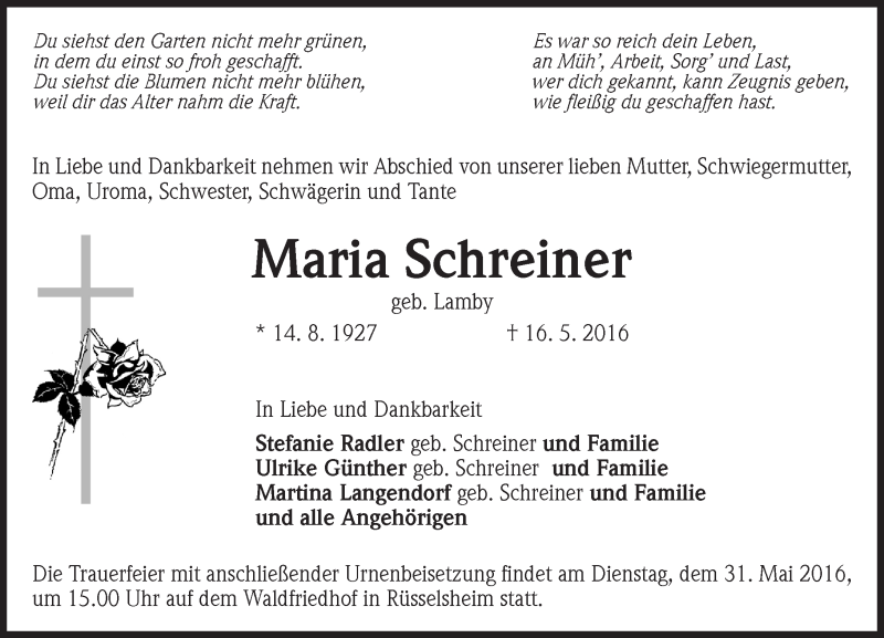  Traueranzeige für Maria Schreiner vom 28.05.2016 aus Trauerportal Echo Online