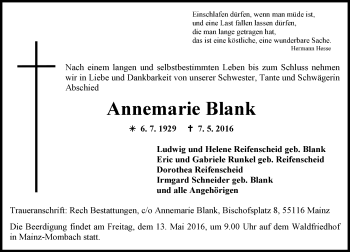 Traueranzeige von Annemarie Blank von  Allgemeine Zeitung Mainz