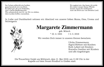 Traueranzeige von Margarete Zimmermann von  Gießener Anzeiger