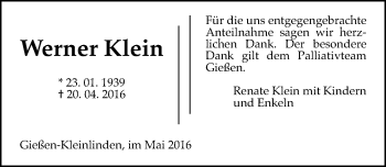 Traueranzeige von Werner Klein von  Gießener Anzeiger