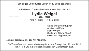Traueranzeige von Lydia Weigel von  Gießener Anzeiger
